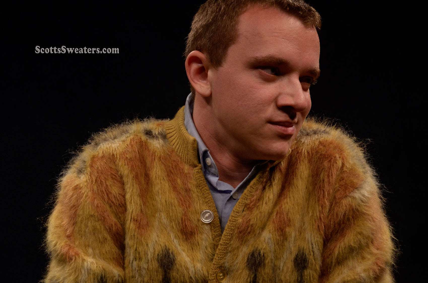 Men wearing golden retro mohair fuzzy jacquard cardigan sweater by Brian MacNeil