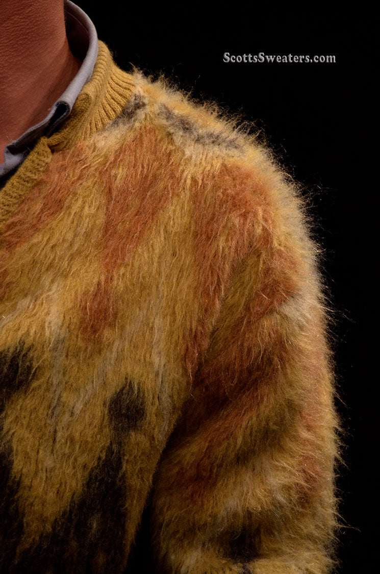 Men's golden retro mohair cardigan sweater with fuzzy jacquard design by Brian MacNeil in small/medium size