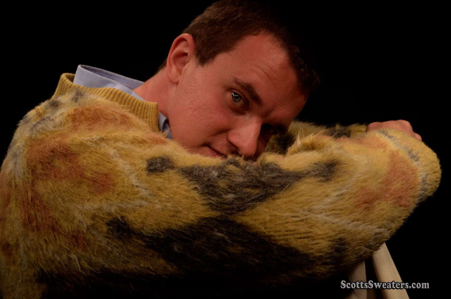 Men's golden retro mohair cardigan sweater with fuzzy jacquard design by Brian MacNeil
