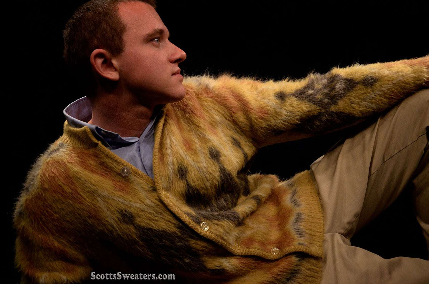 Men's golden retro mohair cardigan sweater with fuzzy jacquard design by Brian MacNeil