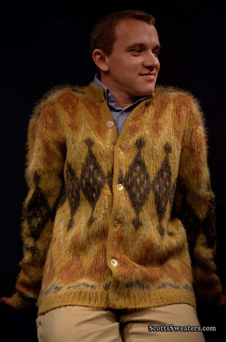 Men's golden retro mohair cardigan sweater with jacquard diamond pattern by Brian MacNeil