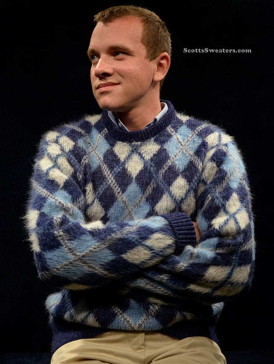 Blue retro argyle shaggy mohair crewneck sweater medium size