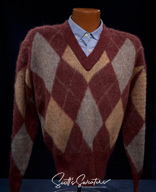 Retro shaggy argyle mohair V-neck sweater in three colors by Munsingwear displayed on mannequin