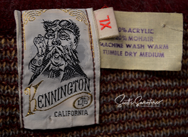 Retro shaggy argyle mohair V-neck sweater label showing Kennington California brand and care instructions