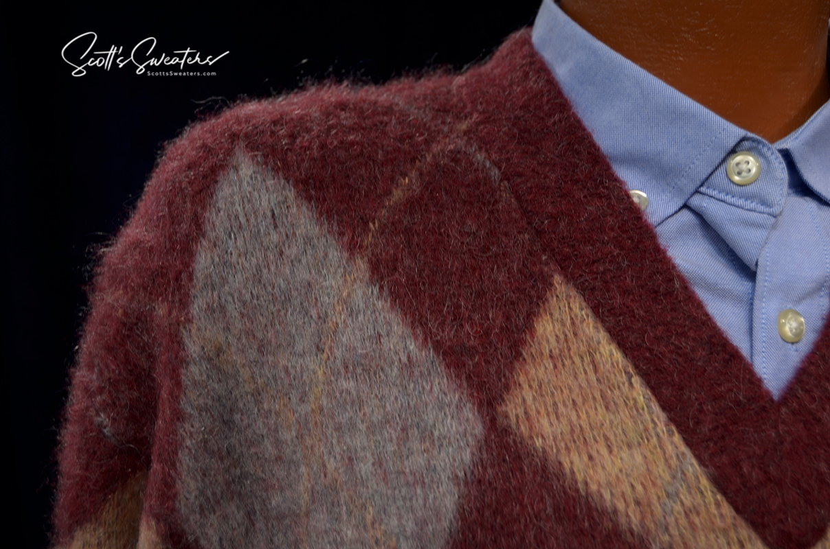 Retro shaggy three-color argyle mohair V-neck sweater in burgundy, gray, and tan colors.