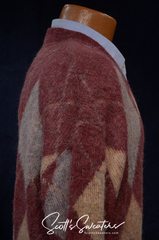 Retro shaggy argyle mohair V-neck sweater in three colors on mannequin