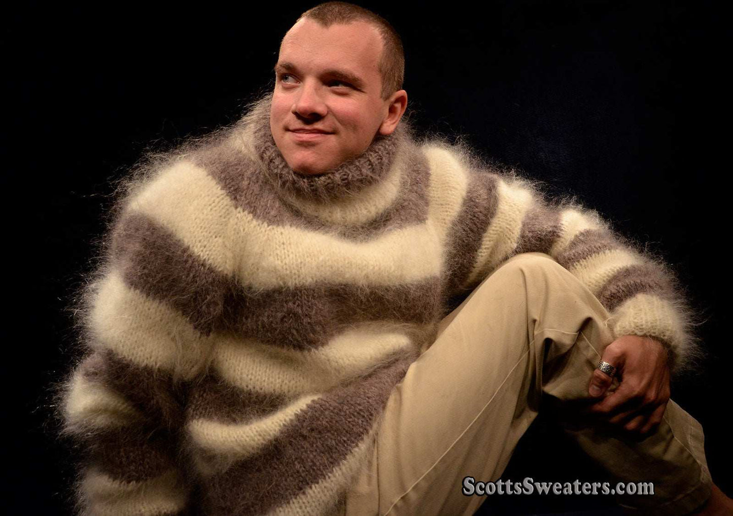 Men's Handknit Striped Turtleneck Mohair Sweater