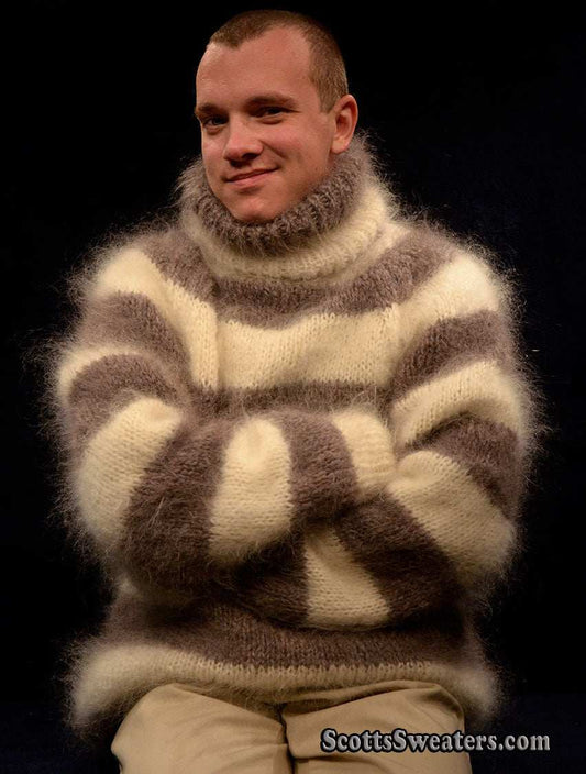 Men's handknit striped turtleneck mohair sweater in two colors, medium to XL fit, warm and fuzzy design