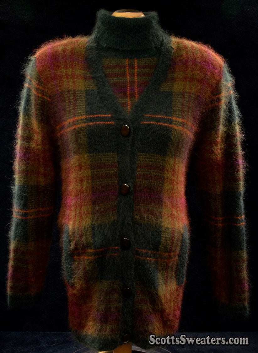 Woman's two-piece green and maroon plaid angora sweater set with turtleneck and button-front cardigan with slash pockets