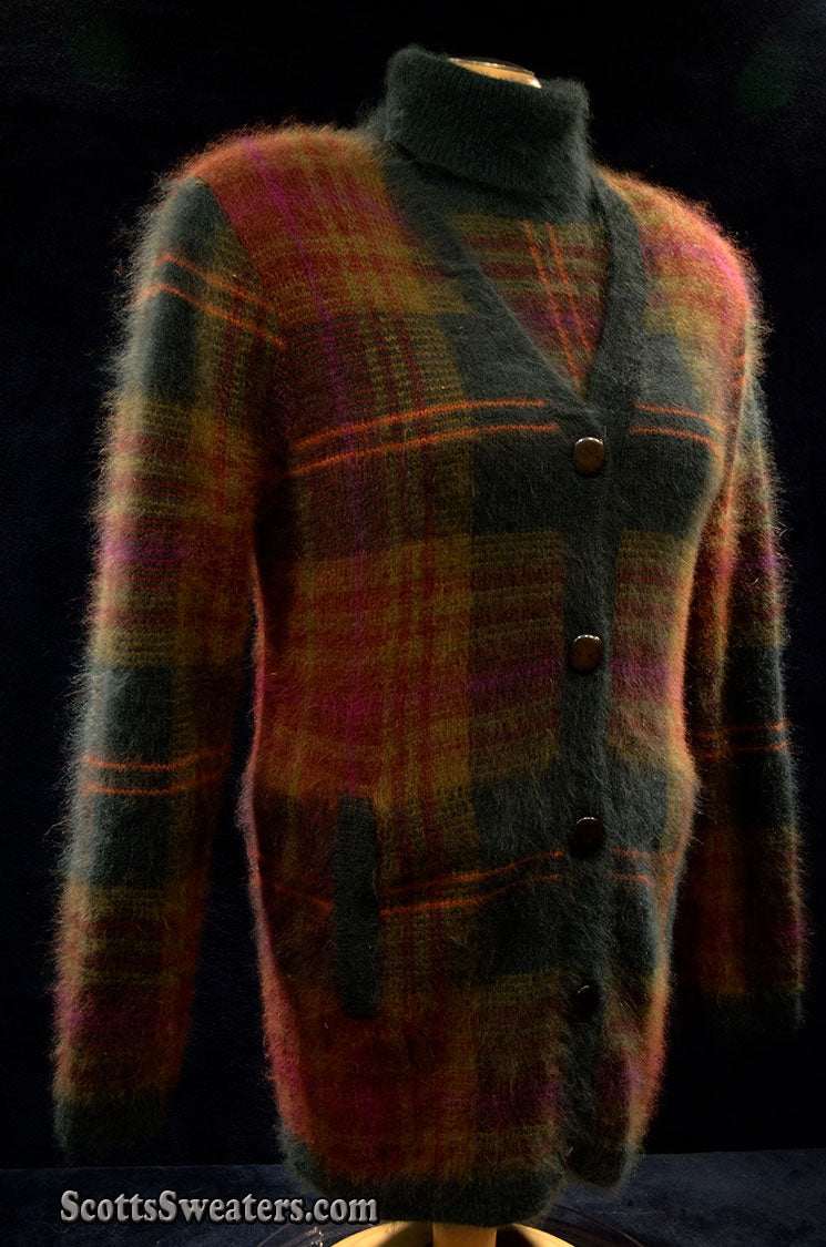 Woman's two-piece green and maroon plaid angora sweater outfit with turtleneck and button-front cardigan