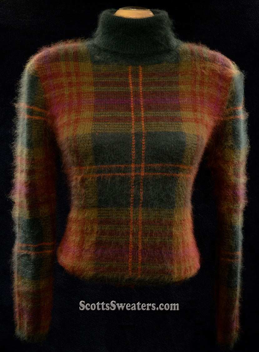 Woman's two-piece green and maroon plaid angora turtleneck sweater with button-front cardigan and side pockets