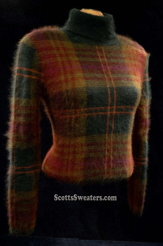 Woman's two-piece green and maroon plaid angora sweater set with turtleneck and button-front cardigan with slash pockets