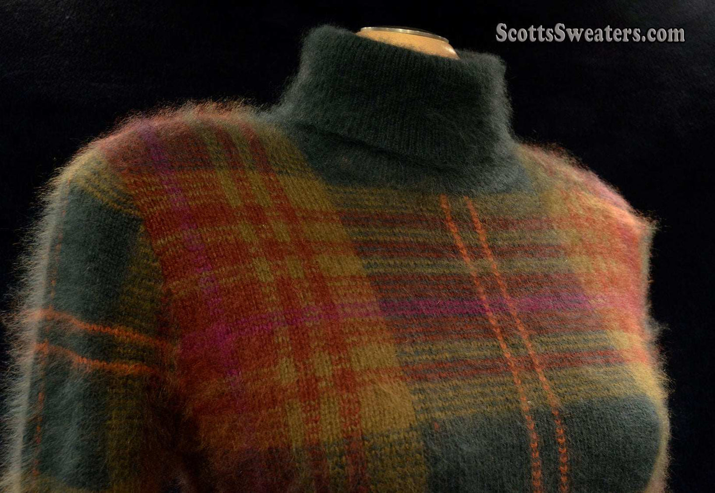 Woman's two-piece green and maroon plaid angora sweater set with turtleneck and cardigan with slash pockets