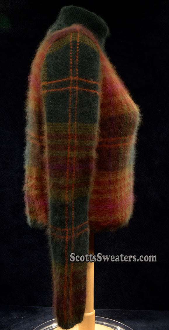 Woman's two-piece green and maroon plaid angora sweater set with turtleneck and button-front cardigan with slash pockets