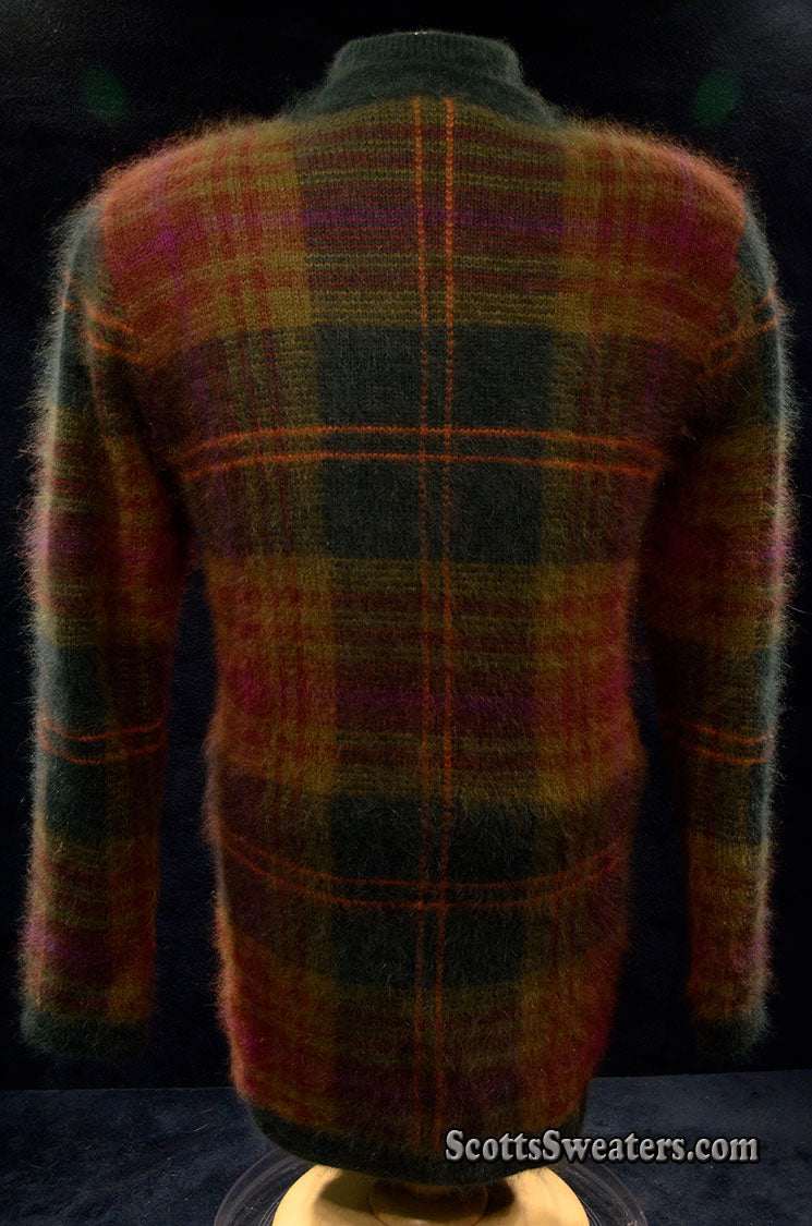 Woman's two-piece green and maroon plaid angora sweater set with turtleneck and button-front cardigan