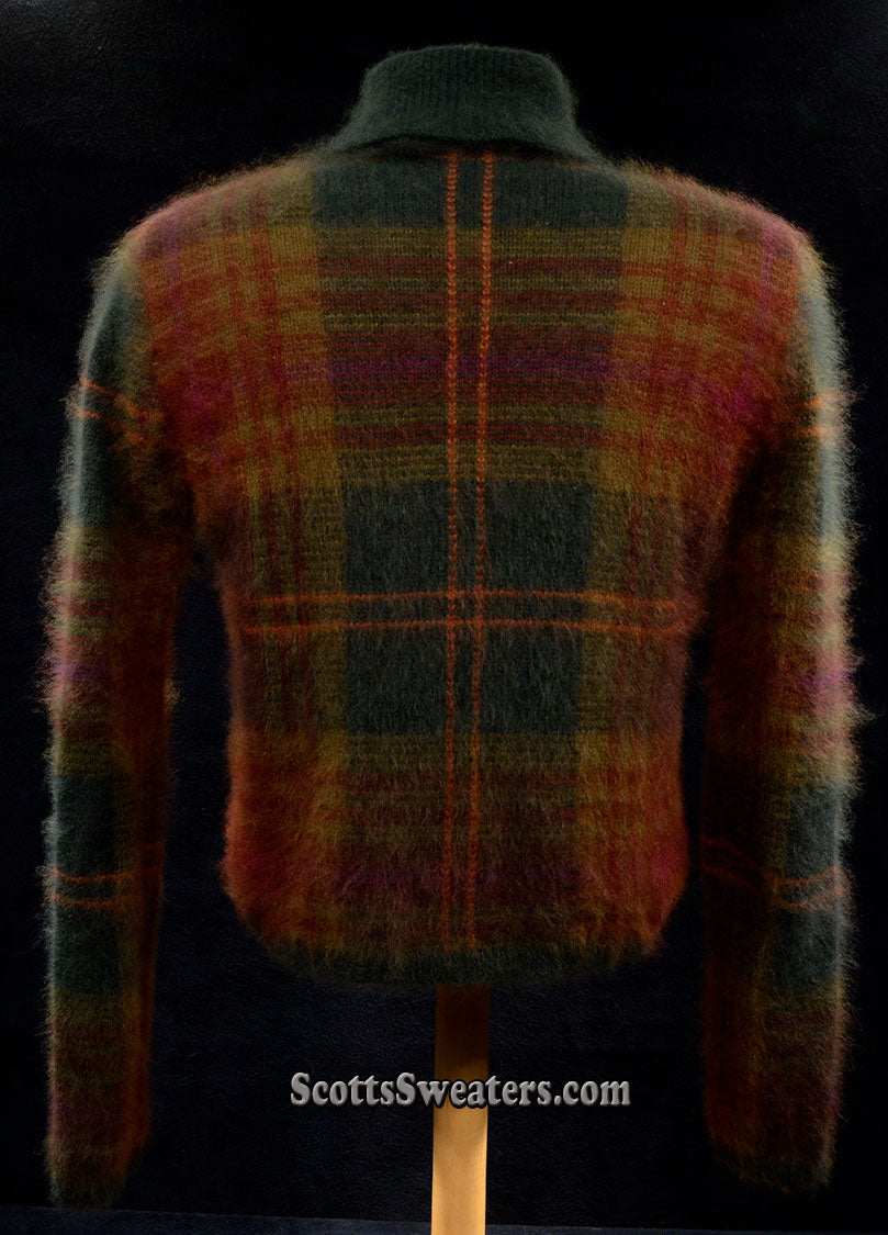 Woman's two-piece green and maroon plaid angora sweater set with turtleneck and button-front cardigan with slash pockets