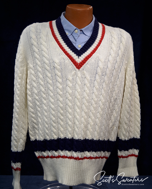 Original retro classic men's cable-knit V-neck tennis sweater with navy and burgundy striped trim on neck, waist, and cuffs.