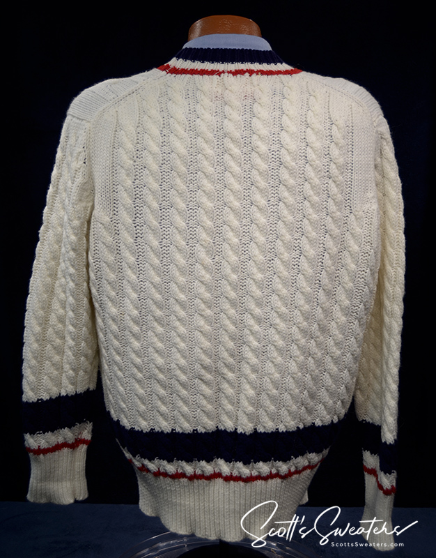 Original Retro Classic men's cable-knit V-neck tennis sweater with navy and burgundy striped trim by Herman Phillips of London, size large.