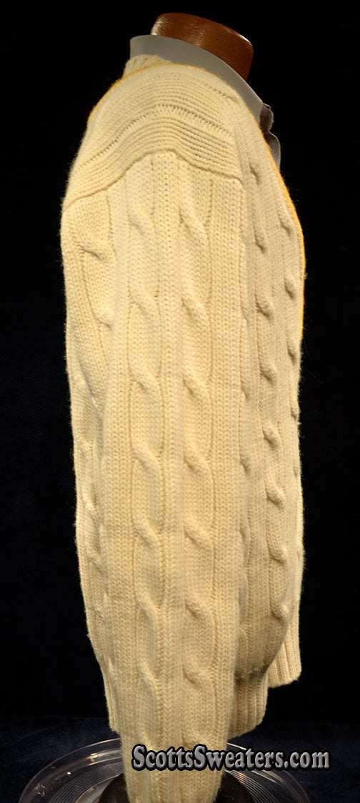 Ivory original classic wool cable-knit tennis sweater with thick cable pattern and multicolor striped neckline