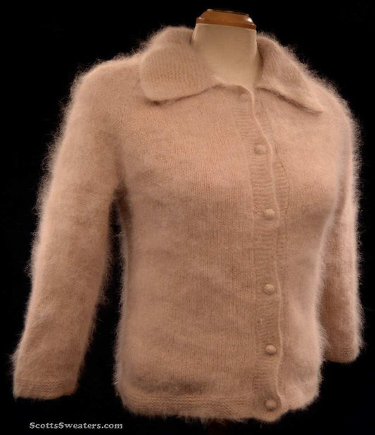 Woman's exquisite taupe angora sweater-shirt with soft fuzzy texture and nylon lining, XX-Small size