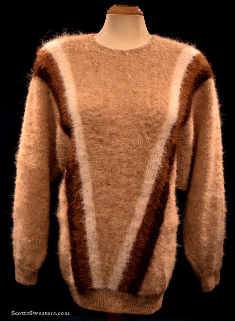 Woman's tan striped alpaca pullover sweater with vertical angled design