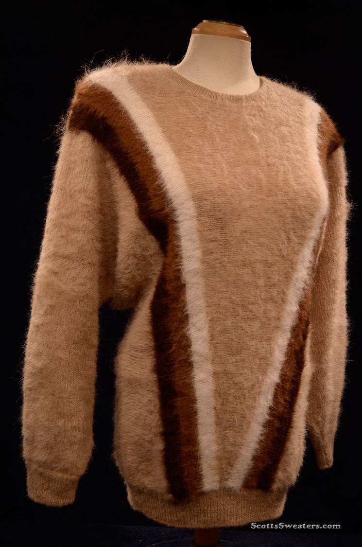 Woman's tan striped alpaca pullover sweater with vertical angled stripes and round neck