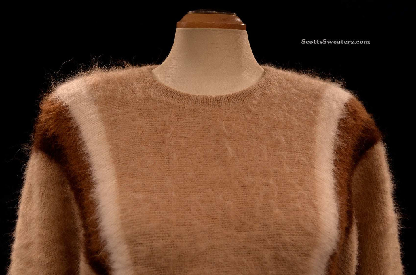 Woman's tan striped alpaca pullover sweater with vertical angled stripes and round neck