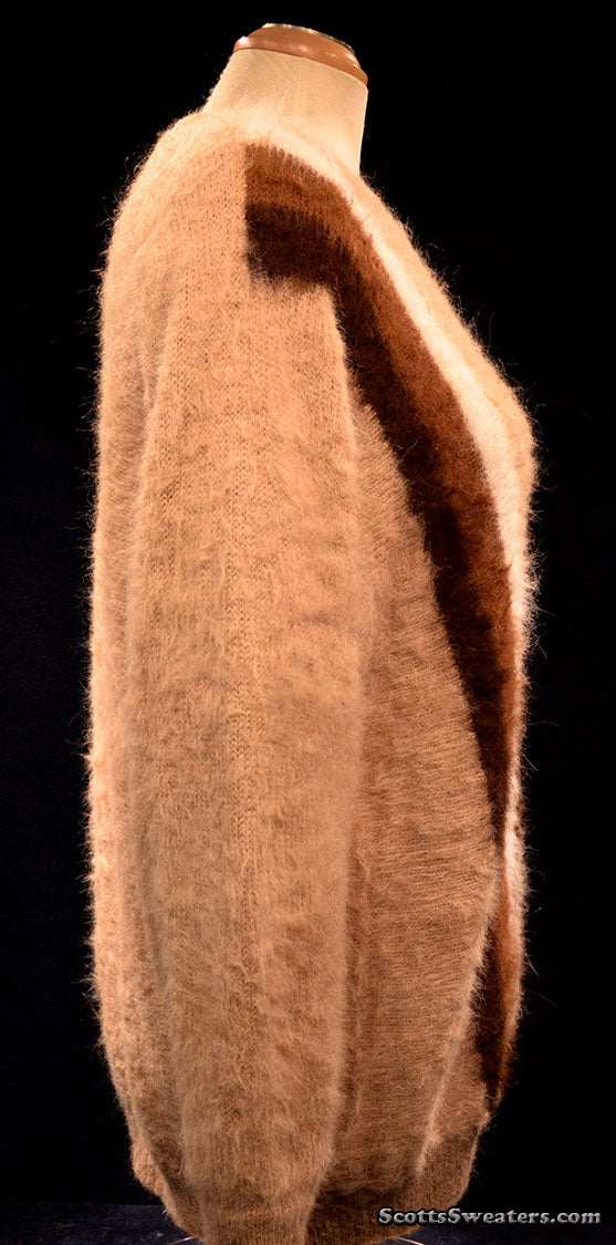 Woman's tan striped alpaca pullover sweater with vertical angled stripes and round neck