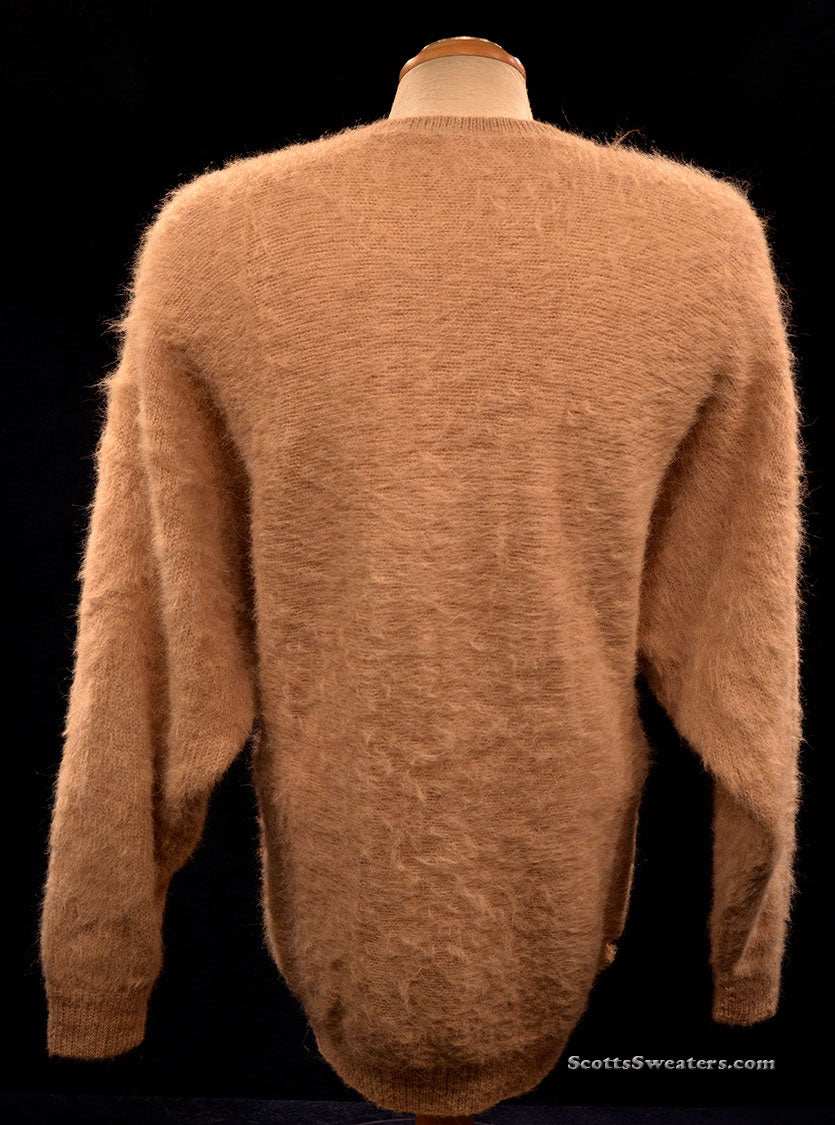 Woman's tan soft fuzzy alpaca pullover sweater with vertical angled stripes and round neck, medium size