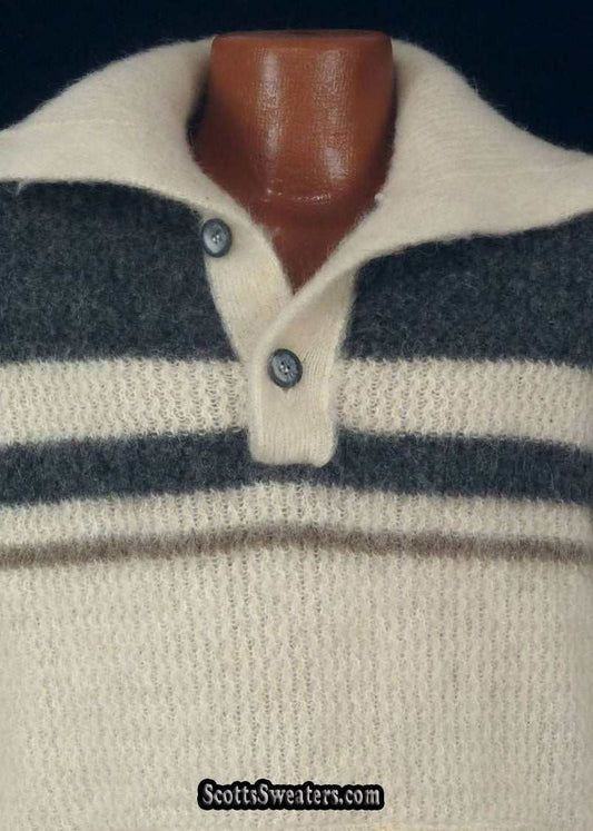 Men's Retro Icelandic wool ivory polo-neck two-button sweater with steel-grey stripes