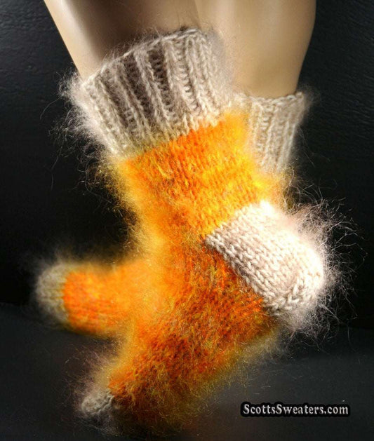 Hand-knit colorful sunrise gold mohair socks, thick, warm, fuzzy texture
