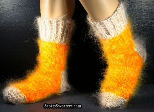 Colorful Sunrise Gold hand-knit thick mohair socks with beige cuffs and toes