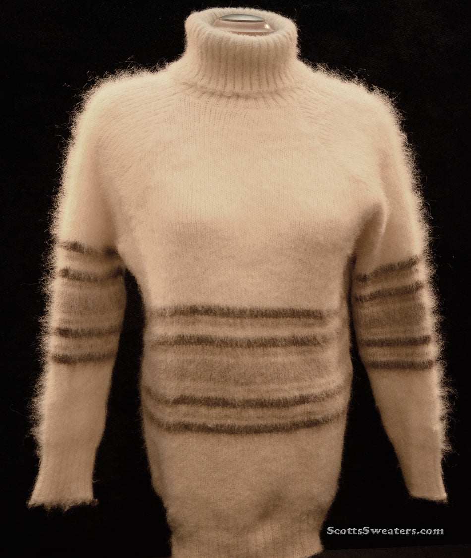 Woman's Icelandic wool turtleneck sweater in natural color with brown stripes by Hilda Ltd. in medium size