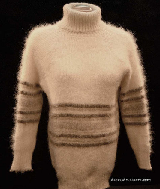 Woman's Icelandic wool turtleneck sweater in natural color with brown stripes by Hilda Ltd. in medium size
