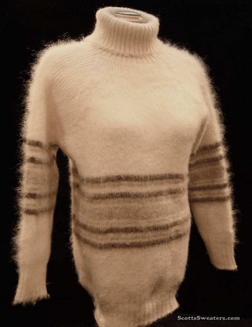 Woman's Icelandic wool turtleneck sweater in natural color with brown stripes, medium size by Hilda Ltd.