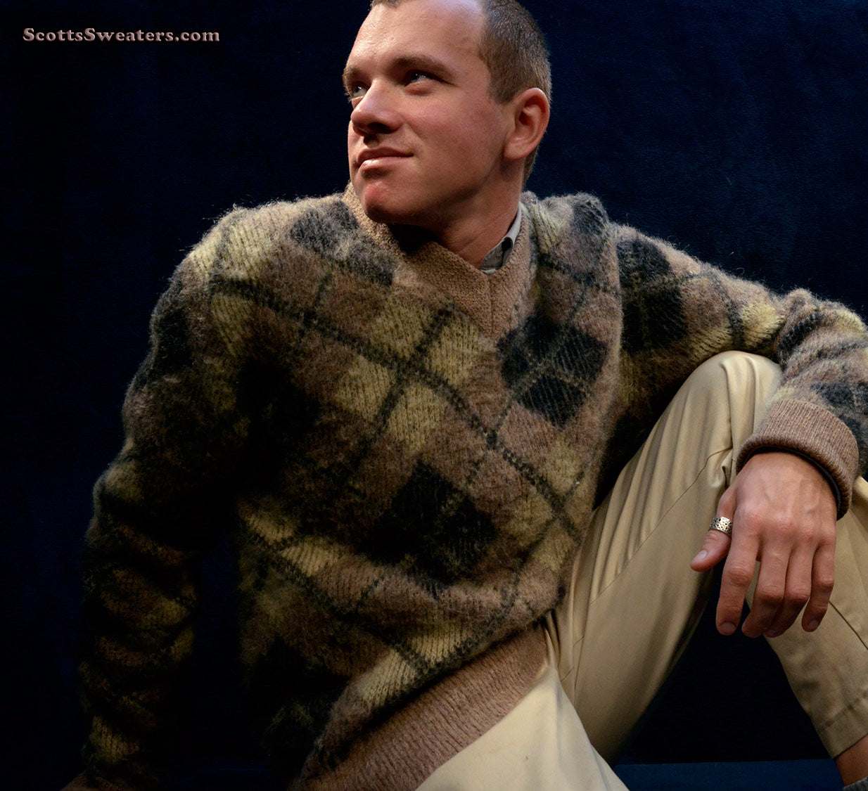 Retro Shaggy Argyle Mohair V-Neck Sweater by Rob Scott