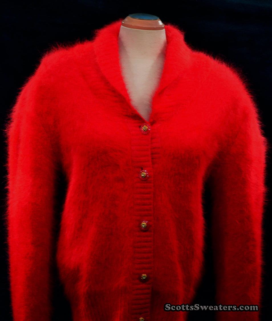 Woman's red angora shawl-neck cardigan sweater with gold buttons by Belldini