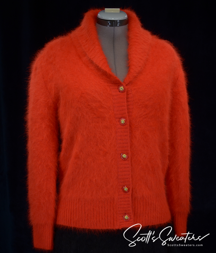 Woman's red angora shawl-neck cardigan sweater with gold buttons and nylon lining by Belldini
