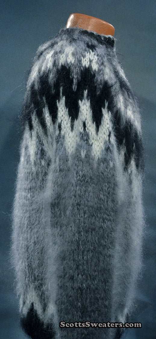Men's Grey Cardigan Mohair Sweater with black and white Icelandic yoke design