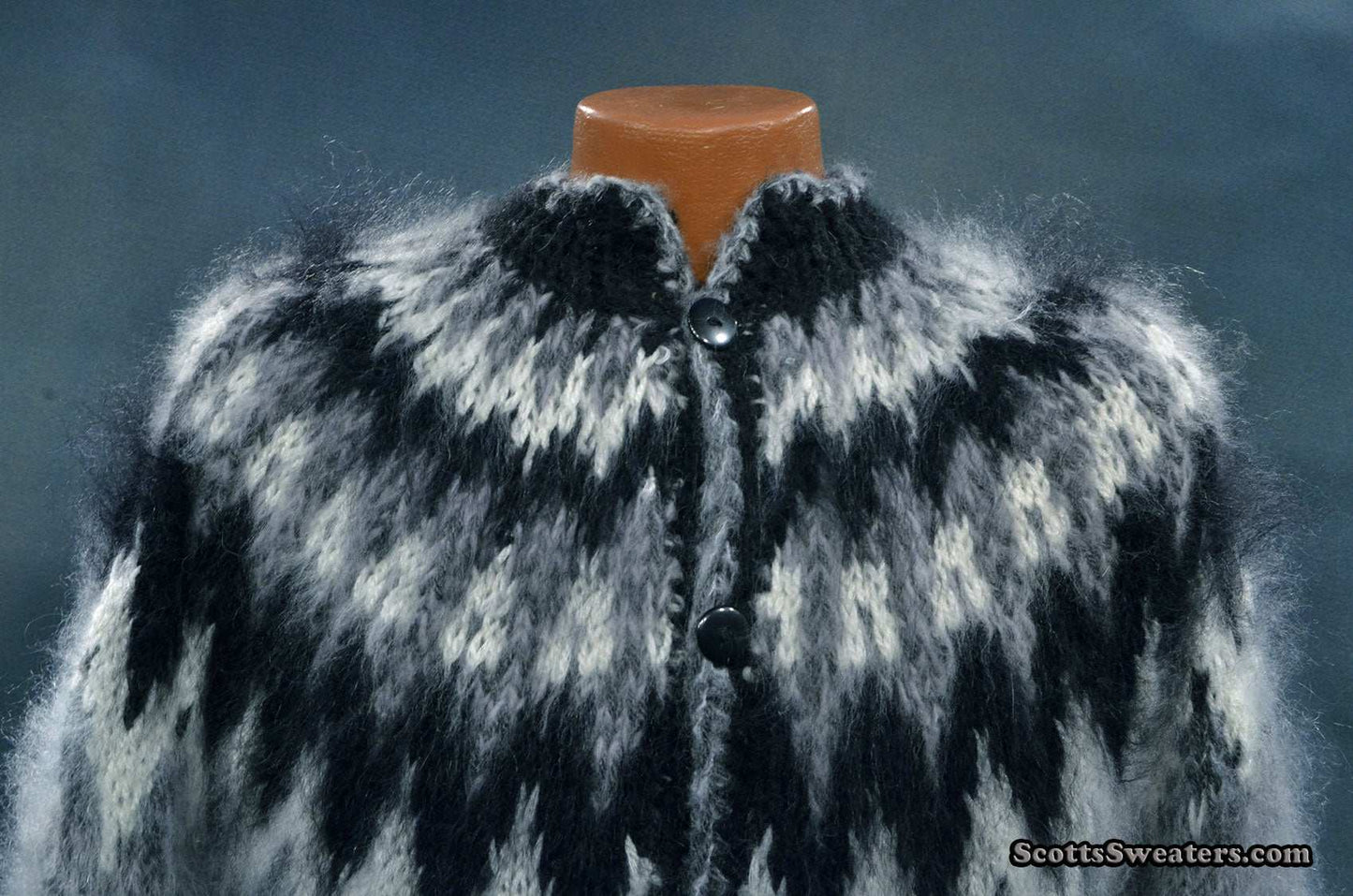 Men's Grey Cardigan Mohair Sweater with black and white Icelandic yoke design