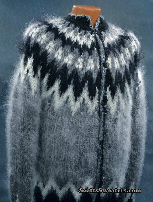 Men's grey mohair cardigan sweater with black and white Icelandic yoke design, hand-knit and button-front, size small