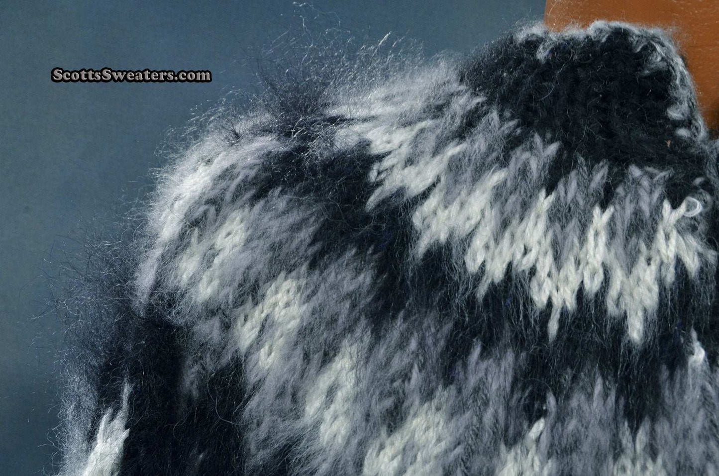 Men's Grey Cardigan Mohair Sweater with black and white Icelandic yoke design