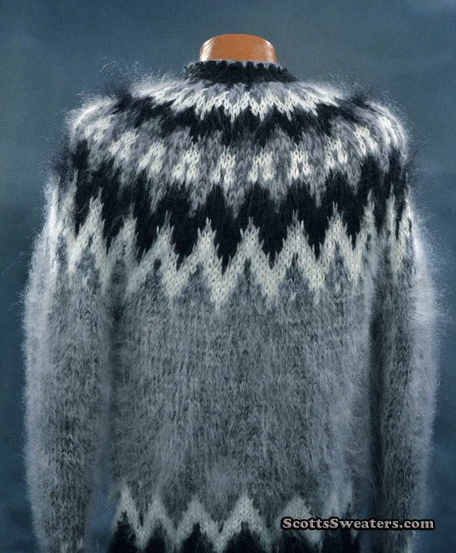 Men's grey mohair cardigan sweater with black and white Icelandic yoke design