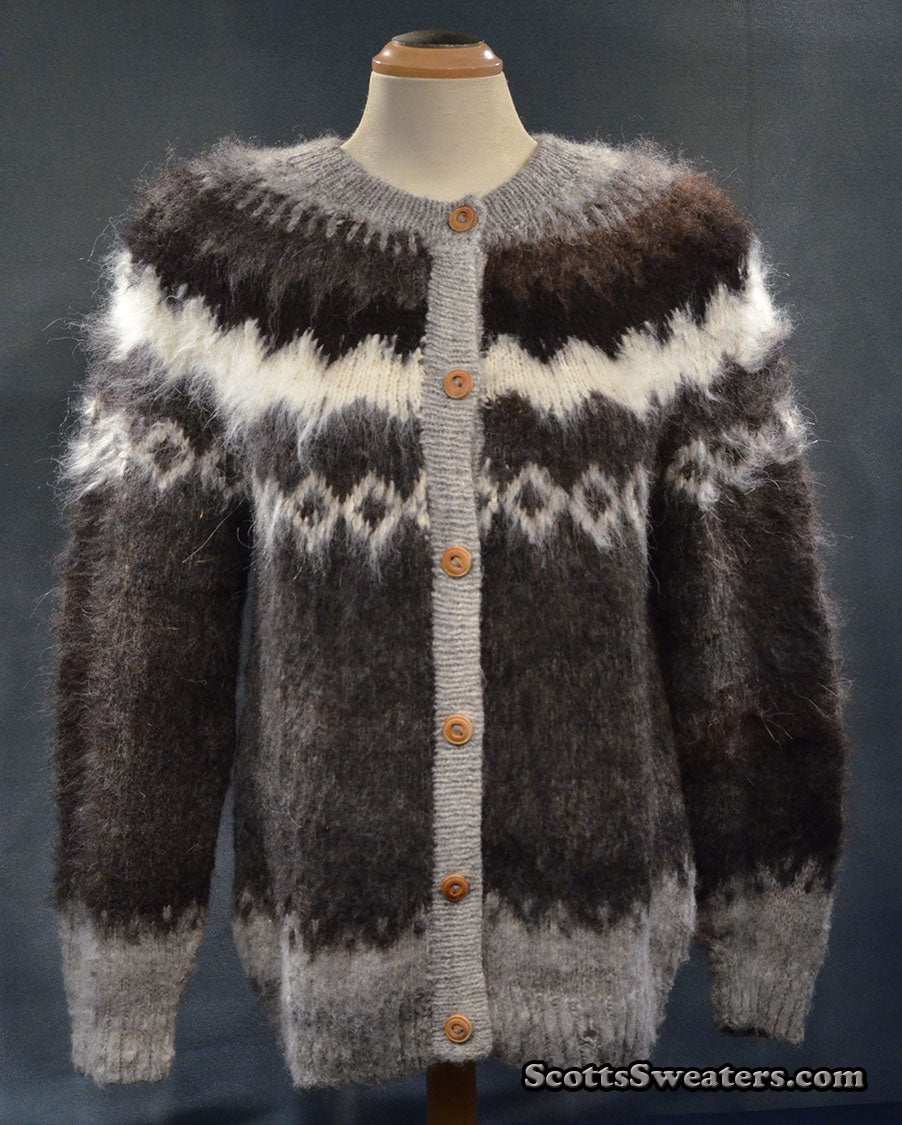 Woman's grey ultra-soft alpaca cardigan sweater with grey-white-black yoke pattern and wooden buttons