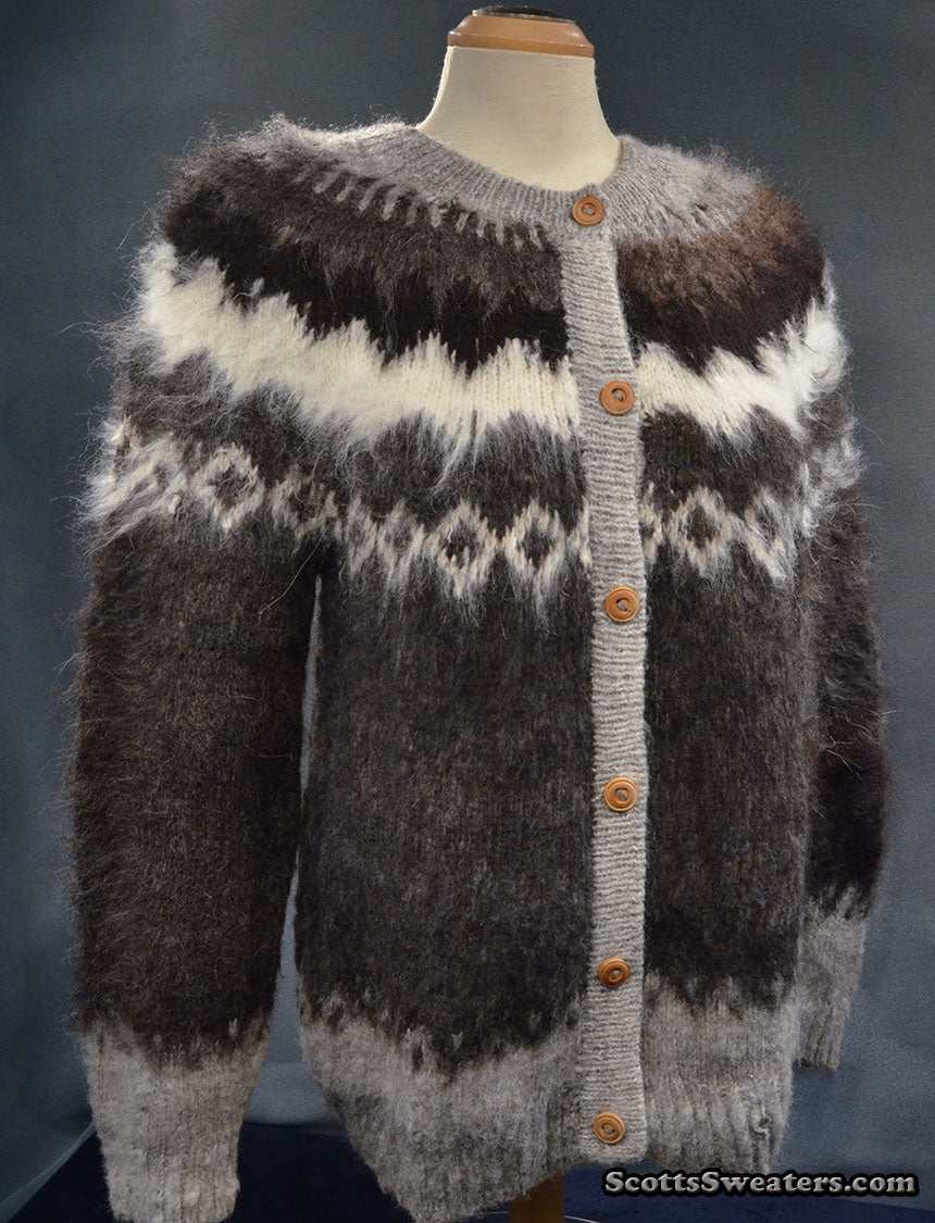 Woman's grey ultra-soft alpaca cardigan sweater with grey-white-black yoke design and wooden buttons