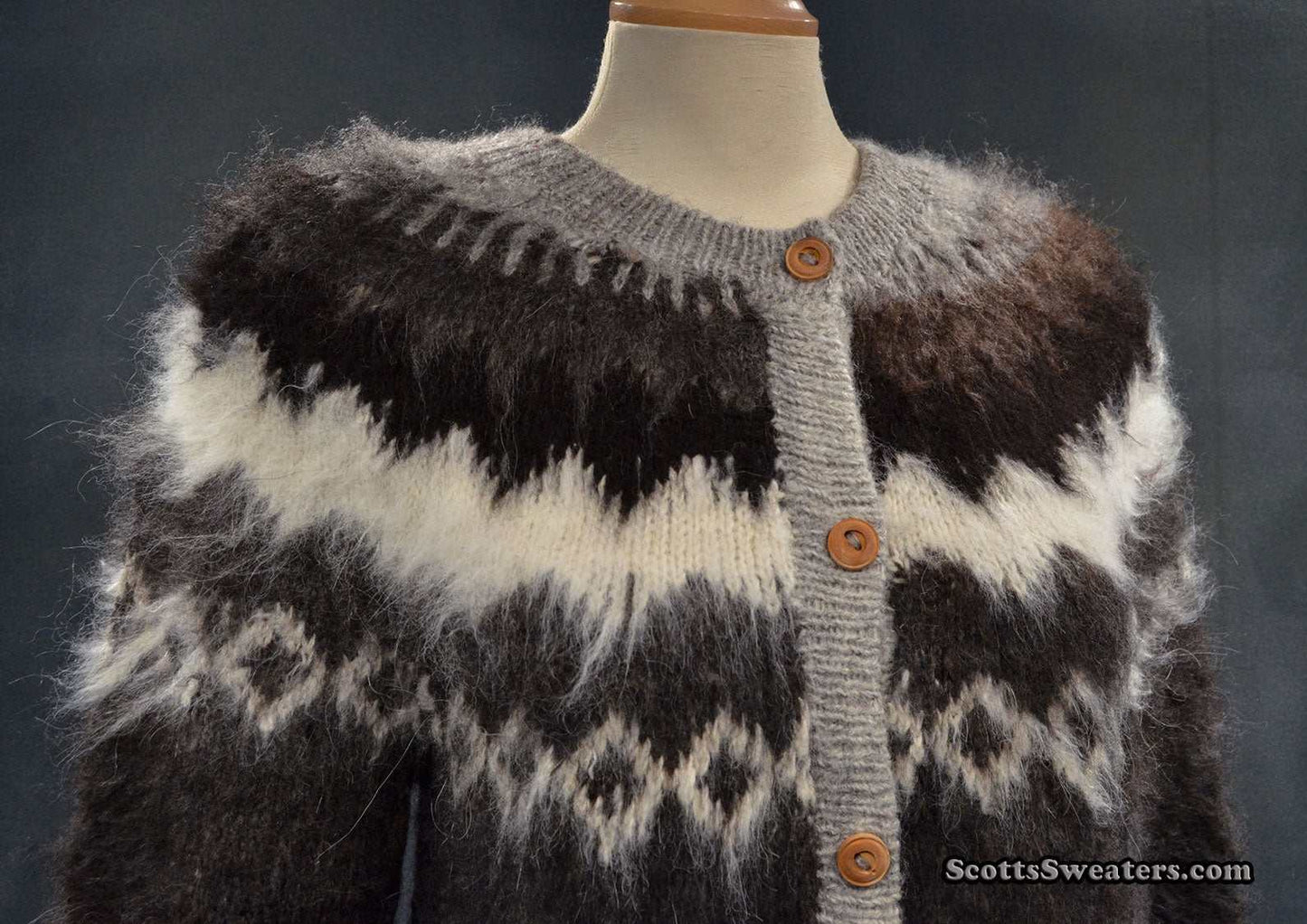 Woman's grey ultra-soft alpaca cardigan sweater with grey-white-black yoke design and wooden buttons