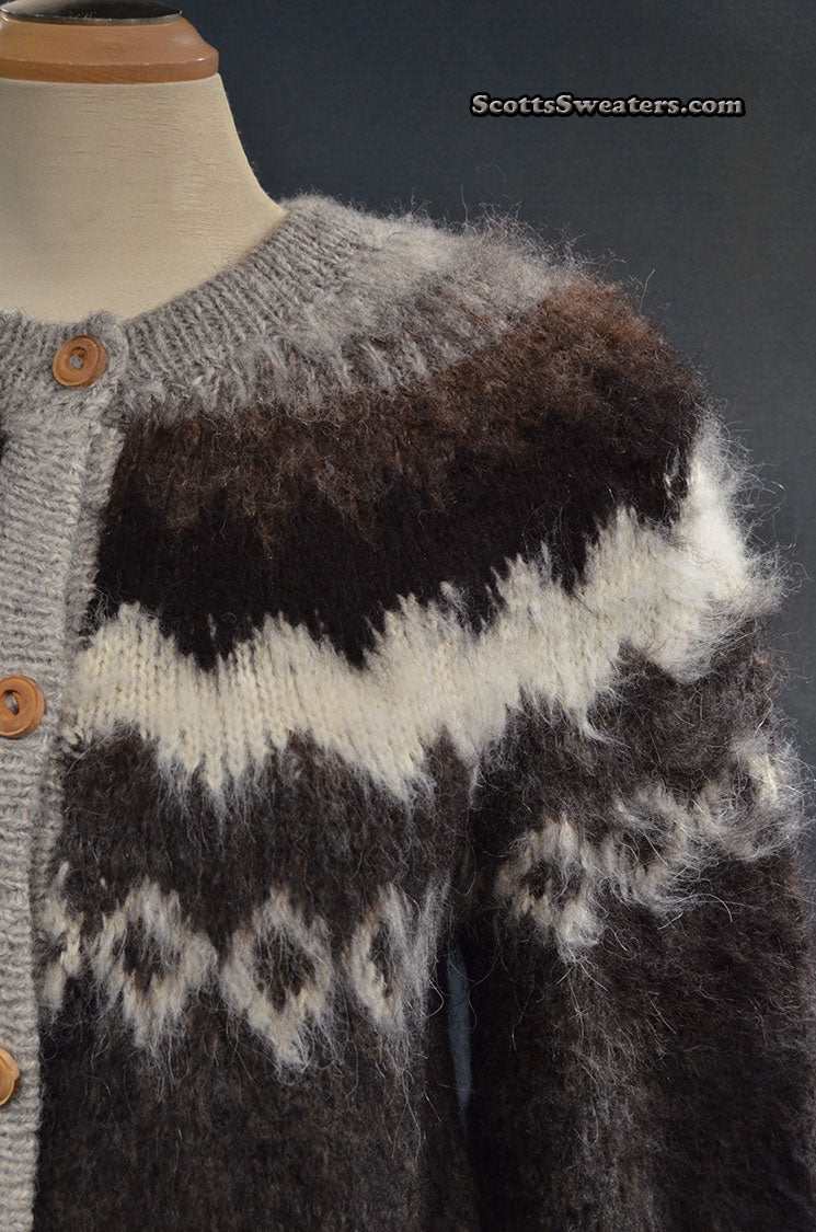Woman's grey ultra-soft alpaca cardigan sweater with grey-white-black yoke design and wooden buttons