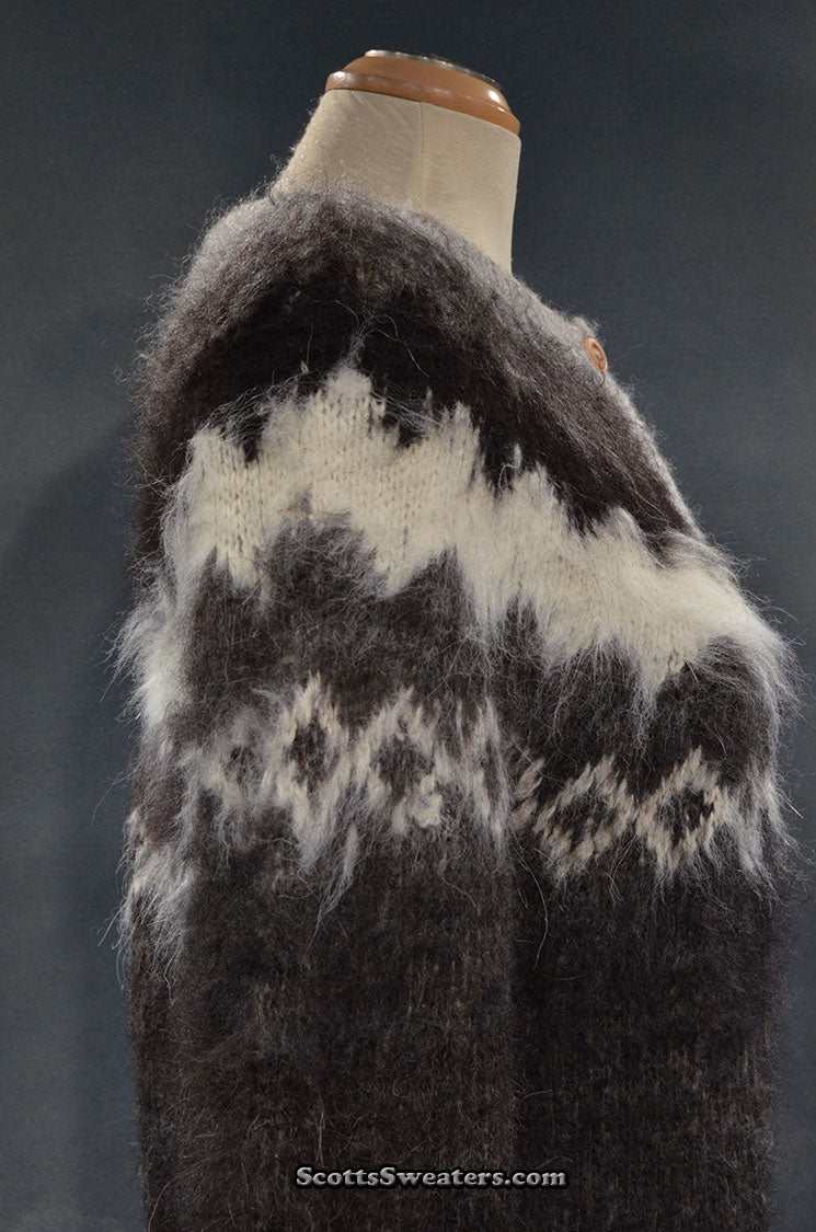 Woman's grey ultra-soft alpaca cardigan sweater with grey-white-black yoke design, X-Small/Small size