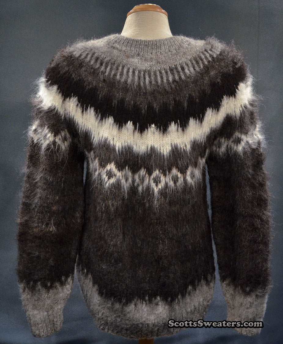 Woman's grey ultra-soft alpaca cardigan sweater with grey-white-black yoke design