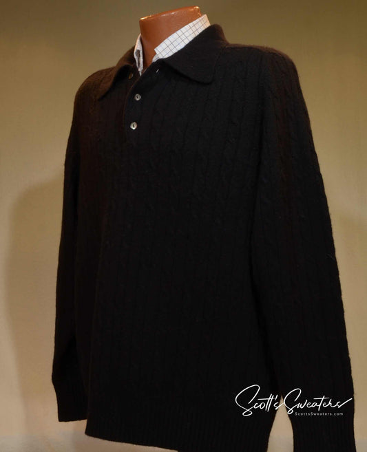 Men's black cashmere polo-neck sweater by Allen Solly in cable-knit design